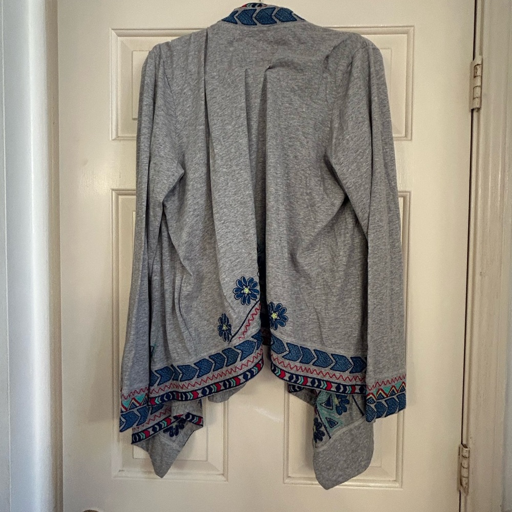 Johnny Was Open Front Cardigan XL Gray Blue Embroidery Southwestern Cotton Boho - Picture 4 of 5